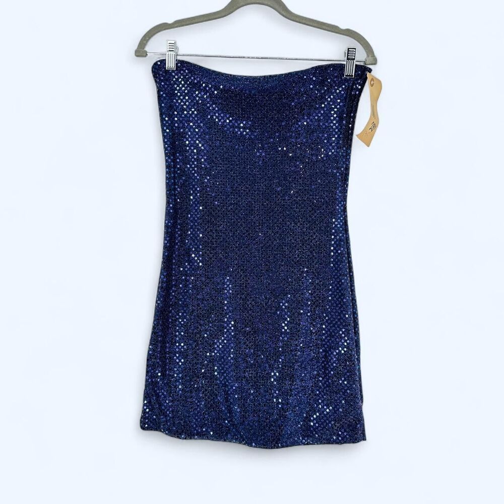 Sequin Strapless Tube Dress Mini Length Bodycon Fit Cobalt Royal Blue c. 1998